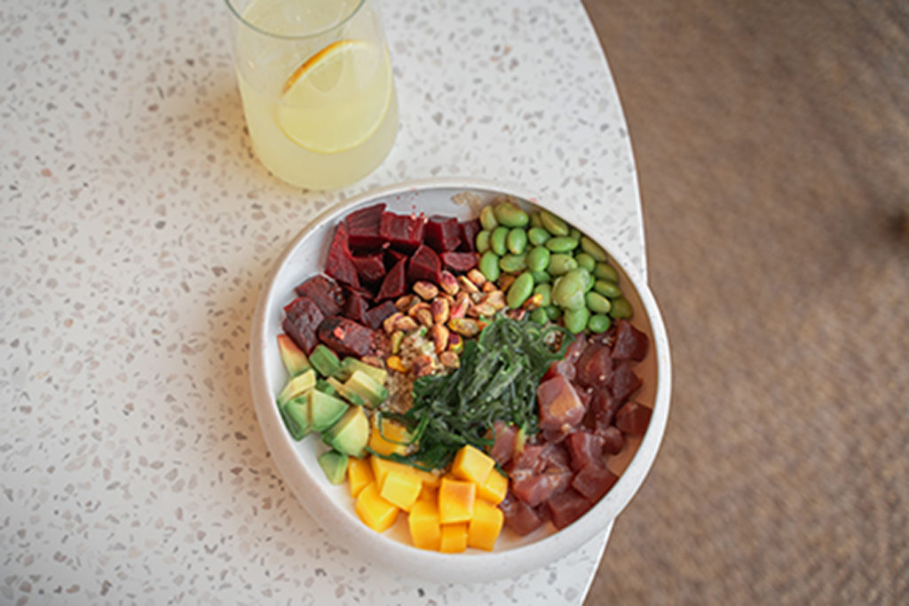 Quinoa Bowl with Red Tuna, Avocado, Wakame, Mango, and Sesame